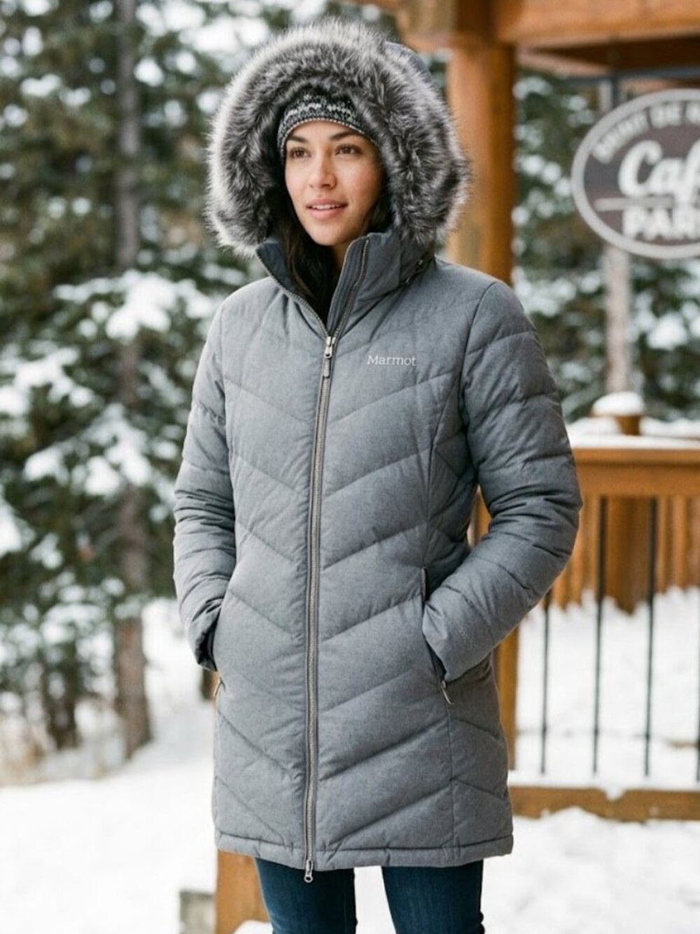 Marmot 700 Fill Down Long Puffer Parka Fur Hood Womens Small Grey